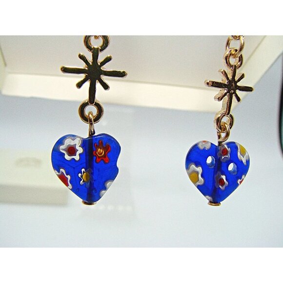 NIB C&C California Blue Gold Moon Stars Glass Beaded Heart Dangle Earrings - Picture 10 of 11